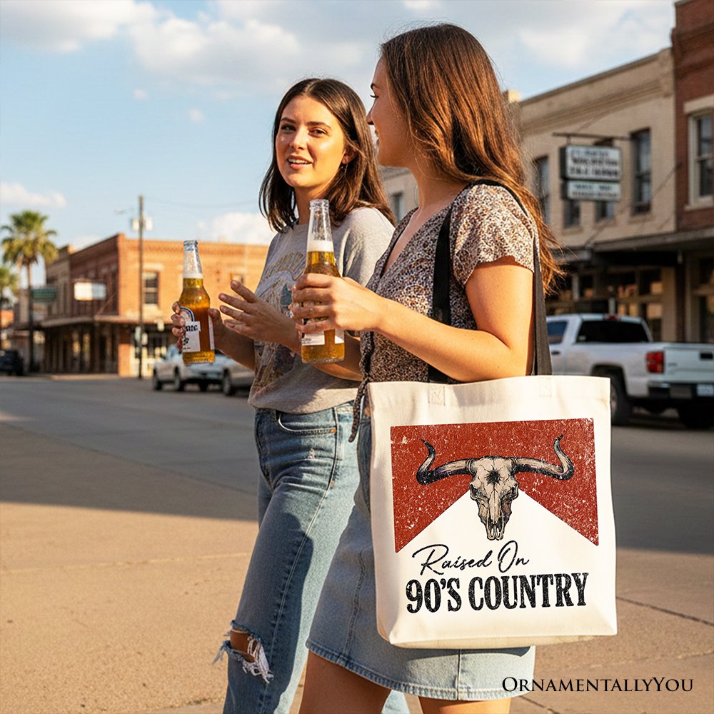 Raised On 90s Country Tote Bag, Vintage Bull Skull Gift Shopper Tote Bag OrnamentallyYou 