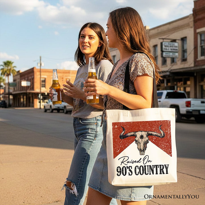 Raised On 90s Country Tote Bag, Vintage Bull Skull Gift Shopper Tote Bag OrnamentallyYou 