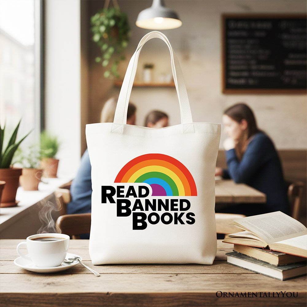 Read Banned Books Rainbow Canvas Tote Bag, Book Lover Gift Shopper Tote Bag OrnamentallyYou White 