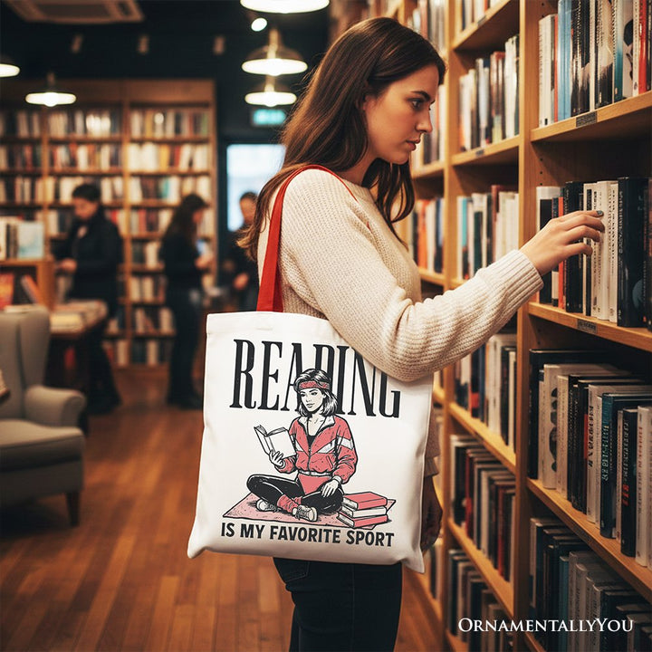 Reading Is My Favorite Sport Bookworm Canvas Tote Bag, Retro Bibliophile Gift Shopper Tote Bag OrnamentallyYou 