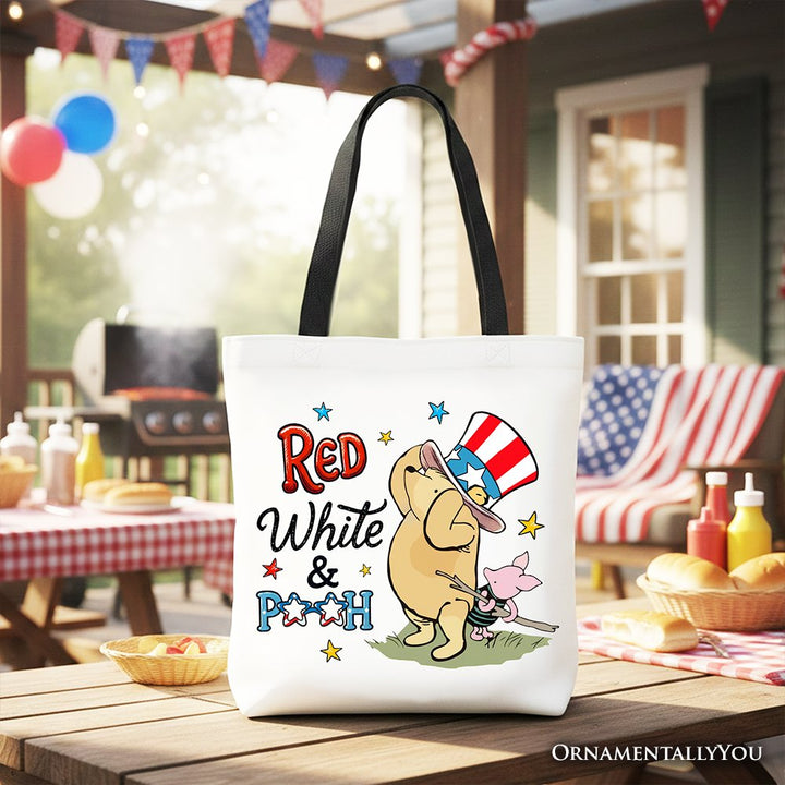 Red White & Proud Winnie-the-Pooh Tote Bag, 1926 A.A. Milne Patriotic 4th of July Gift Shopper Tote Bag OrnamentallyYou Black Handle 