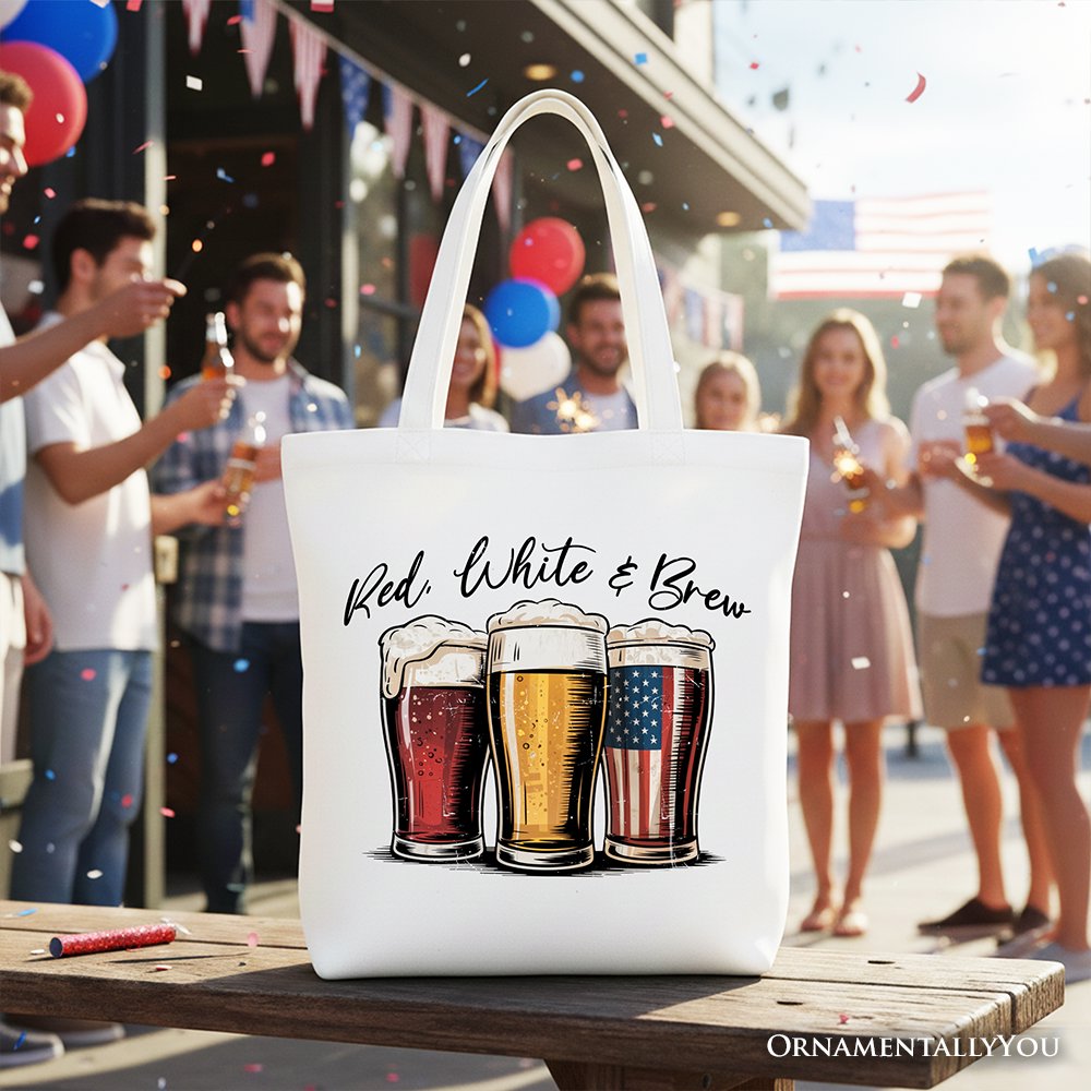 Red White and Brew Beer American Tote Bag, Patriotic USA 4th of July Gift Shopper Tote Bag OrnamentallyYou White 