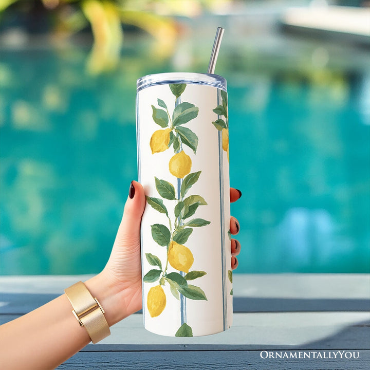 Refreshing Lemon Branches 20oz Personalized Tumbler With Lid and Stainless Steel Straw, Summer Citrus Pattern Gift Cup Tumbler OrnamentallyYou 