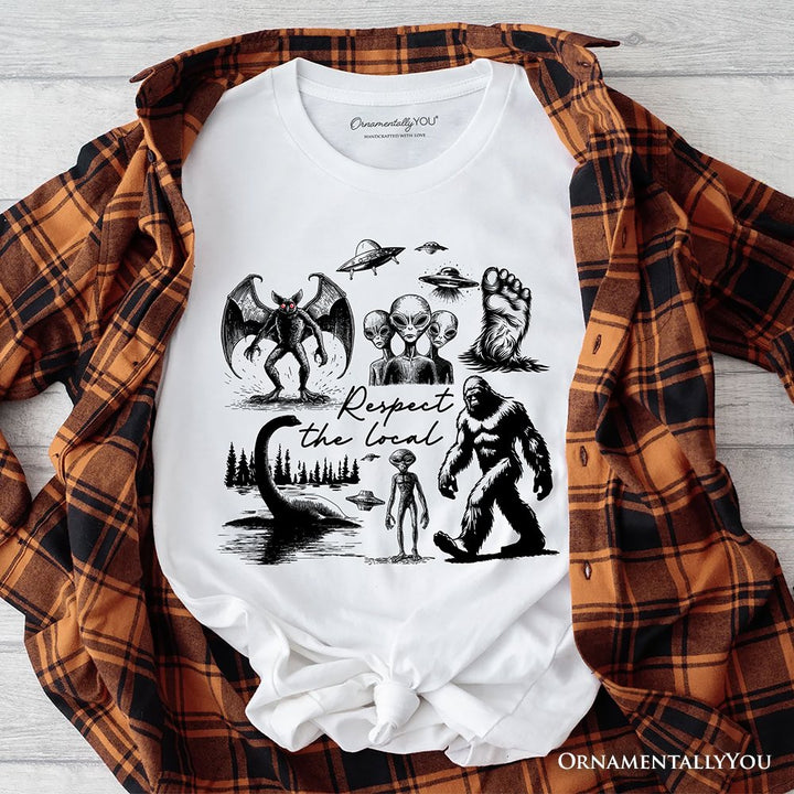 Respect The Local Cryptid Squad T-Shirt, Funny Bigfoot Alien Mothman Meme Tee T-Shirts OrnamentallyYou White XS 