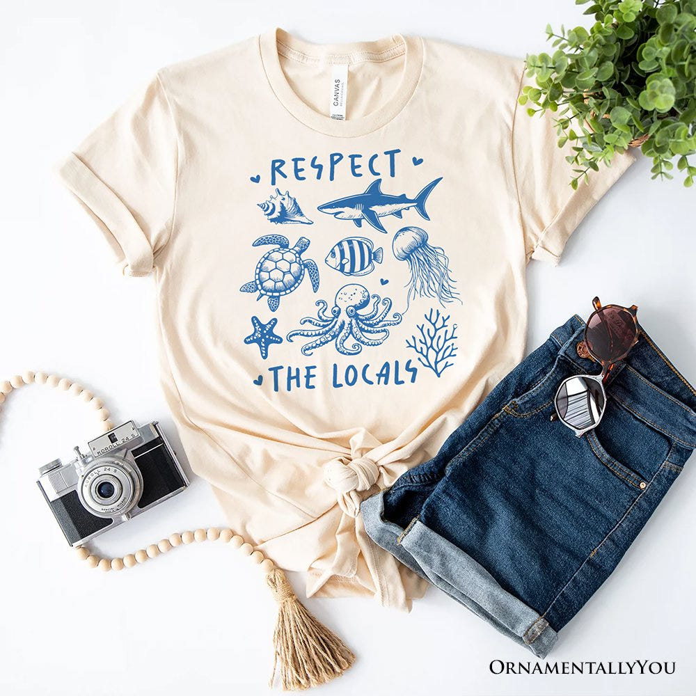 Respect the Locals Ocean Animals T-Shirt, Cute White and Natural Vacation Tee T-Shirts OrnamentallyYou Natural XS 