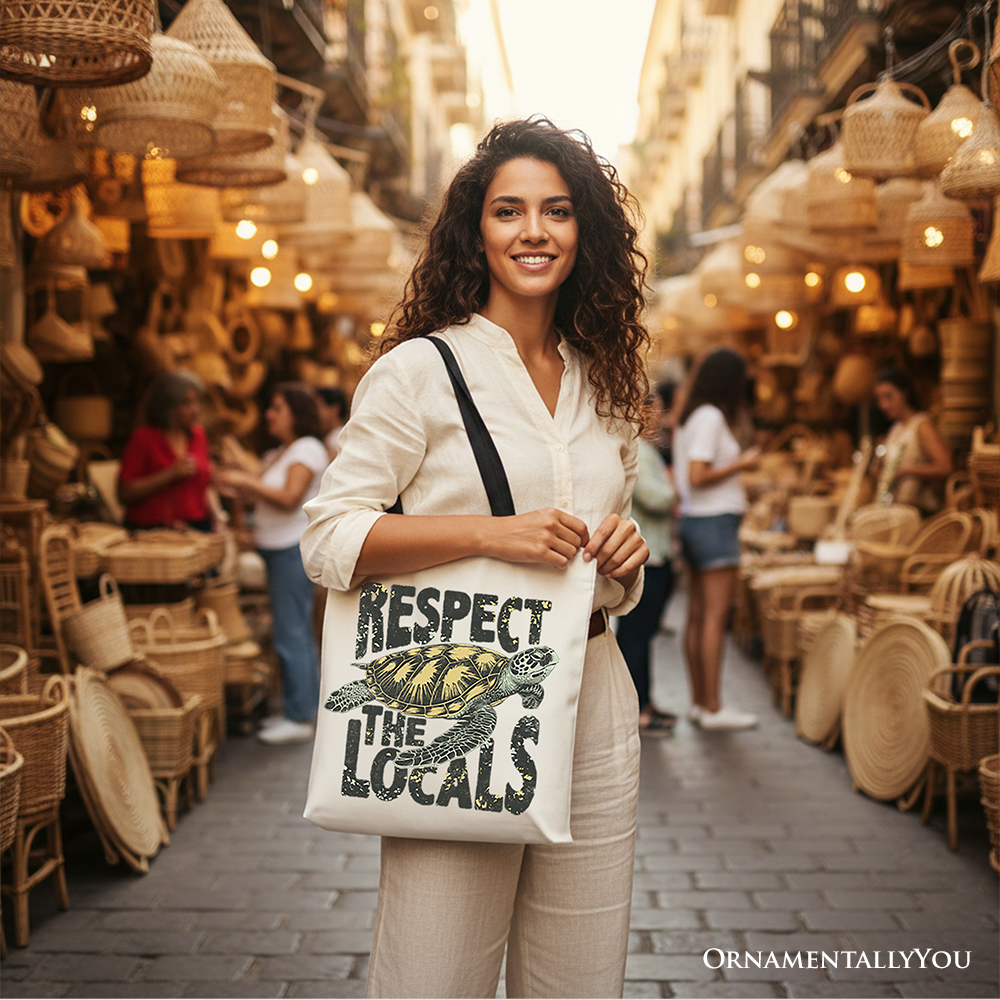 Respect the Locals Turtles Canvas Tote Bag, Retro Grunge Gift for Ocean and Beach Lovers