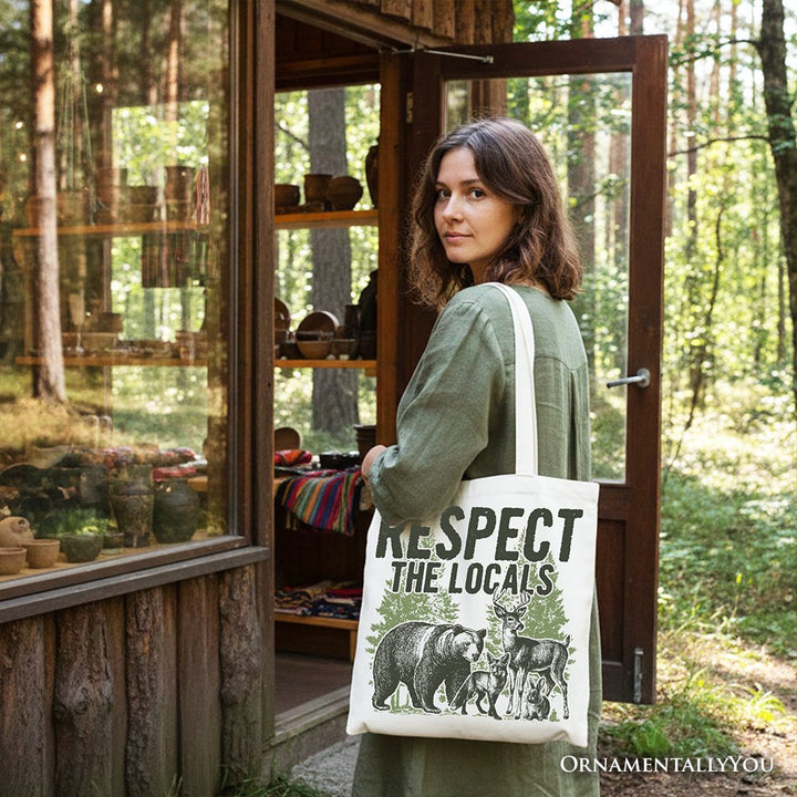 Respect the Locals Wild Animal Canvas Tote Bag, Vintage Camping Nature Gift Shopper Tote Bag OrnamentallyYou 