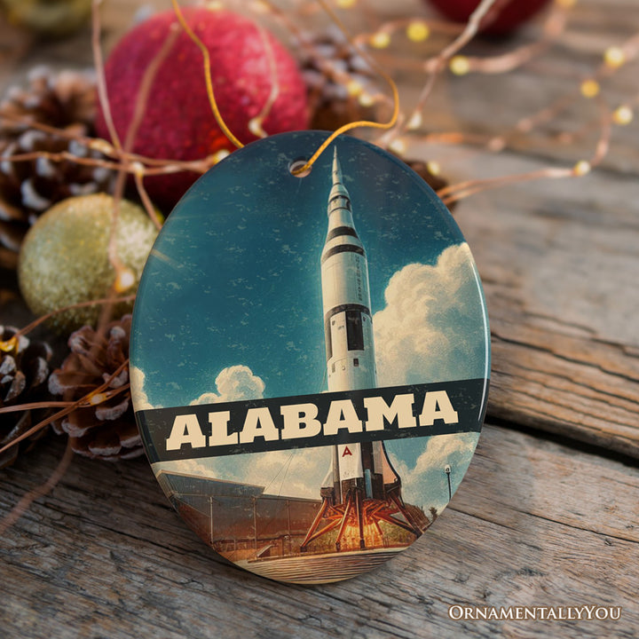 Retro Alabama Rocket Launch Ornament, NASA Space Center Christmas Gift and Huntsville Souvenir