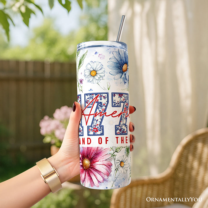 Retro America 1776 Daisy Flower 20oz Personalized Tumbler With Lid and Stainless Steel Straw, Land of the Free Patriotic Gift Cup
