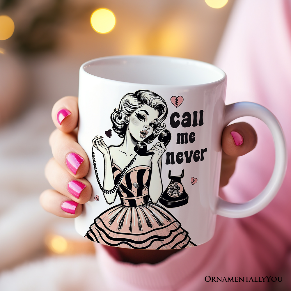 Retro Anti-Valentine Pinup Girl Personalized Mug, Call Me Never Funny Gift With Custom Name