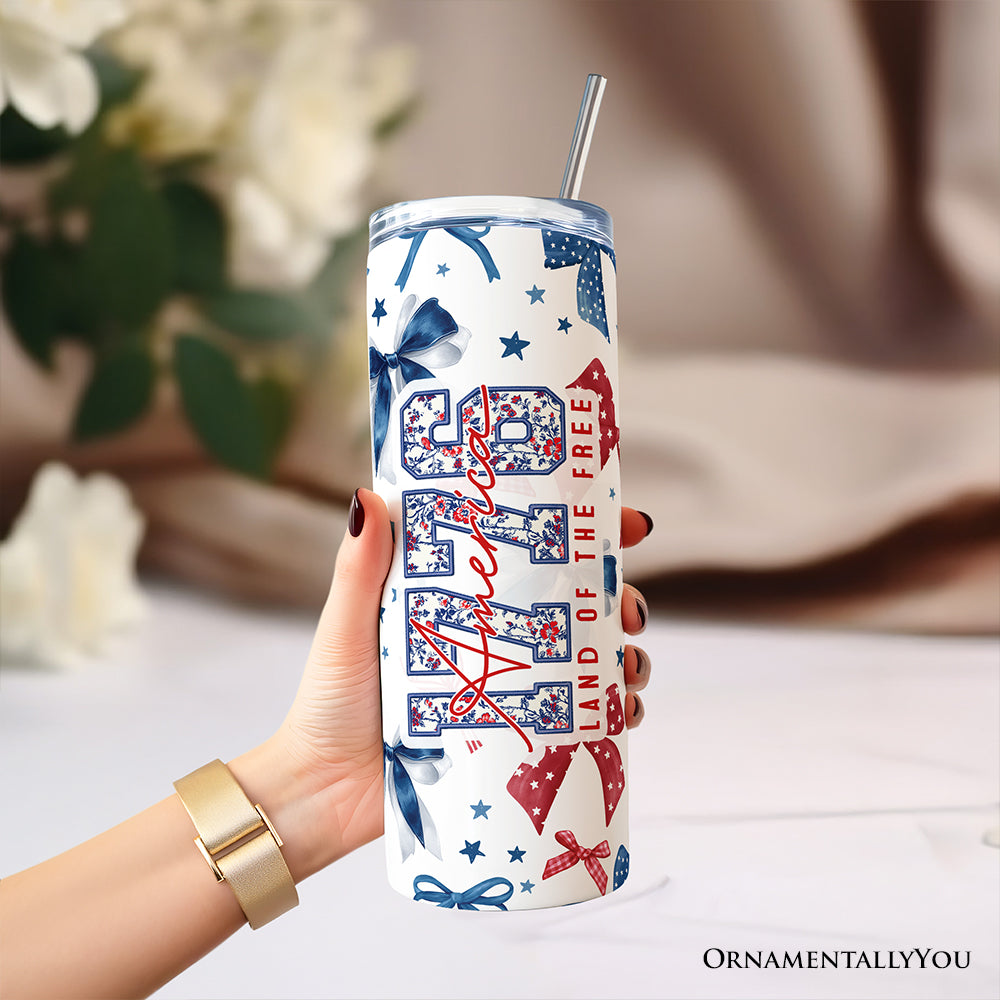 Retro Coquette America 1776 Floral 20oz Personalized Tumbler With Lid and Stainless Steel Straw, Land of the Free Patriotic Gift Cup