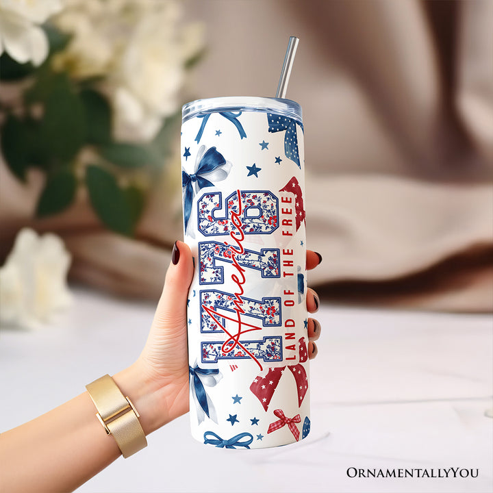 Retro Coquette America 1776 Floral 20oz Personalized Tumbler With Lid and Stainless Steel Straw, Land of the Free Patriotic Gift Cup