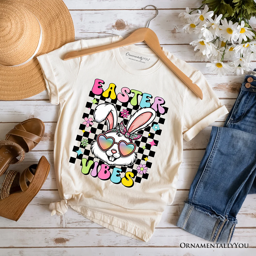 Retro Easter Bunny Sunglasses T-Shirt, Groovy Checkered Tee