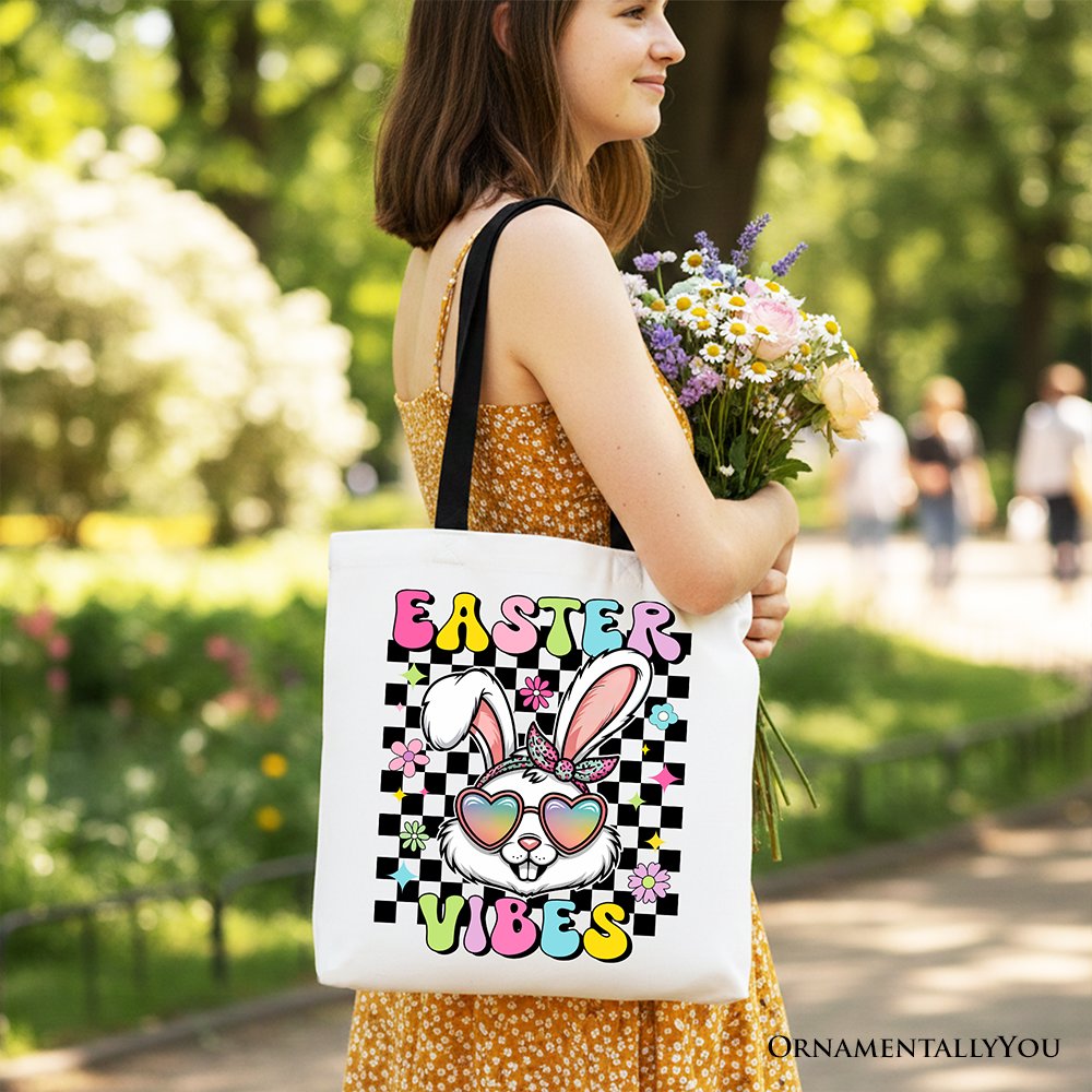 Retro Easter Bunny Sunglasses Tote Bag, Groovy Checkered Gift Shopper Tote Bag OrnamentallyYou 