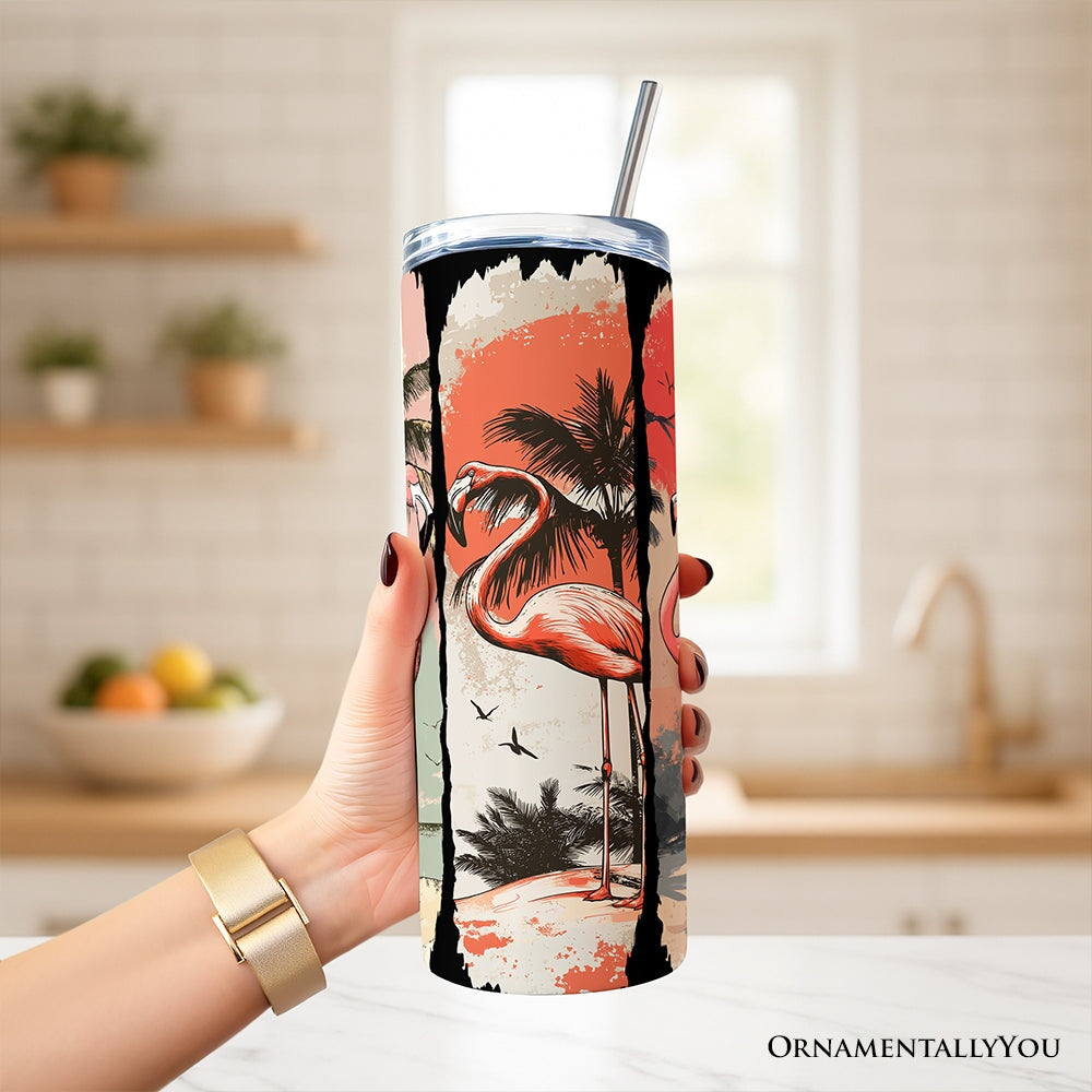 Retro Flamingo Beach 20oz Personalized Tumbler With Lid and Stainless Steel Straw, Summer Vacation Sunset Gift Cup Tumbler OrnamentallyYou 