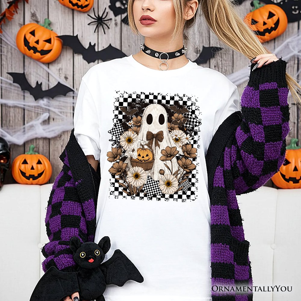 Retro Ghost Floral Halloween T-Shirt, Spooky Vintage Checkered Tee T-Shirts OrnamentallyYou 