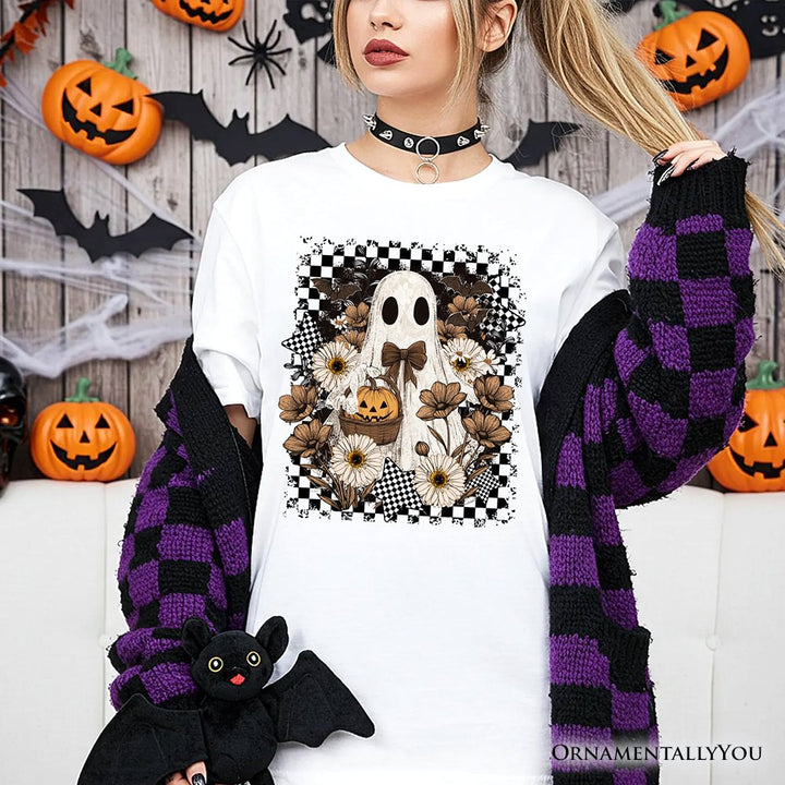 Retro Ghost Floral Halloween T-Shirt, Spooky Vintage Checkered Tee T-Shirts OrnamentallyYou 
