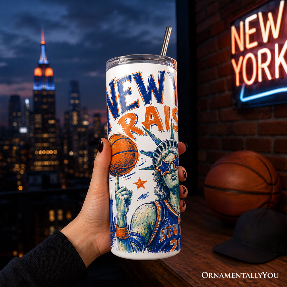 Retro New York Raised 20oz Personalized Tumbler With Lid and Stainless Steel Straw, NYC Sports Fan Gift Cup