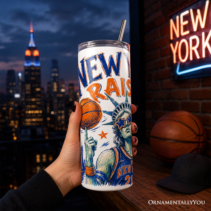 Retro New York Raised 20oz Personalized Tumbler With Lid and Stainless Steel Straw, NYC Sports Fan Gift Cup