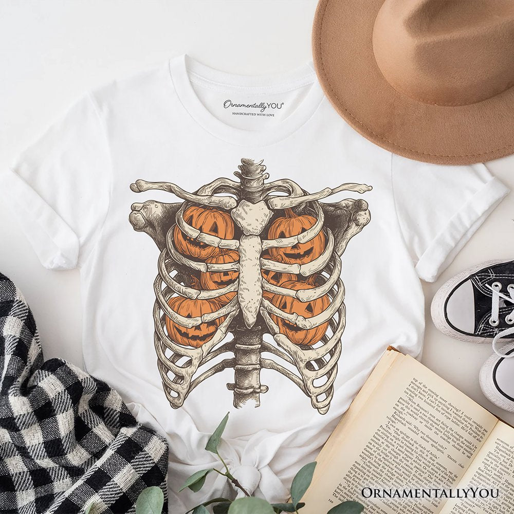 Ribcage Pumpkins T-Shirt, Retro Skeleton Halloween Tee for Spooky Season T-Shirts OrnamentallyYou White XS 
