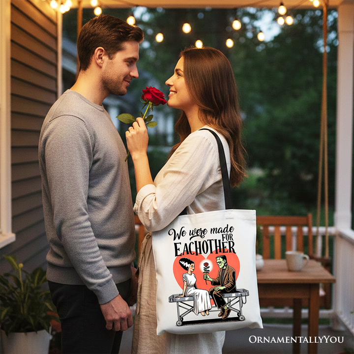 Romantic Frankenstein and Bride Canvas Tote Bag, We Were Made for Each Other Gift Bag for Spooky Couples