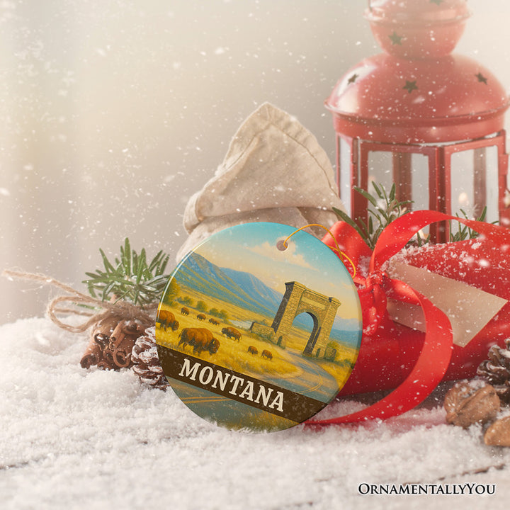 Rustic Montana Wildlife and Landmark Ornament, Yellowstone Entrance Christmas Gift and Western Prairie Souvenir