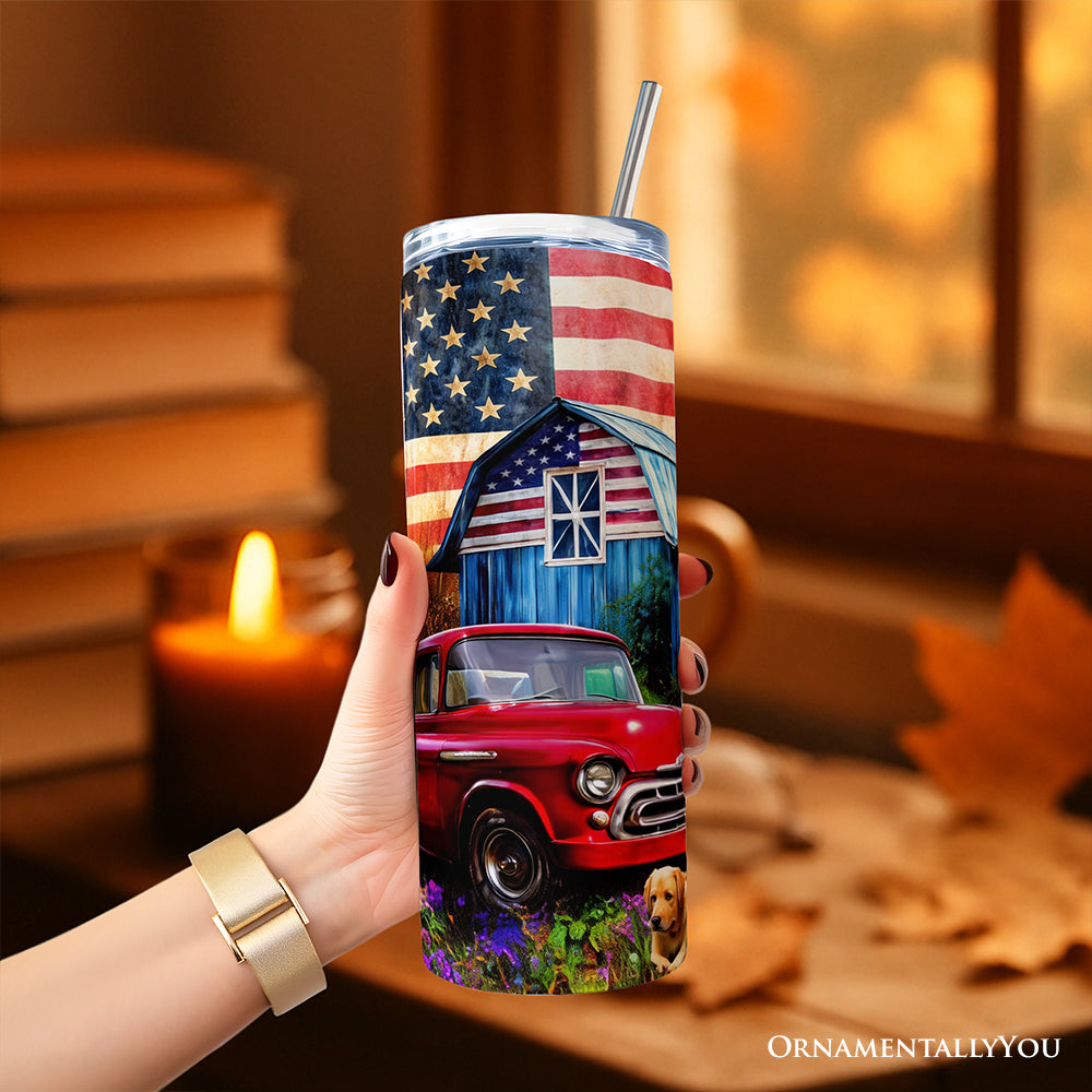 Rustic Old Red Truck and Country Barn 20oz Personalized Tumbler With Lid and Stainless Steel Straw, American Homeland Gift Cup
