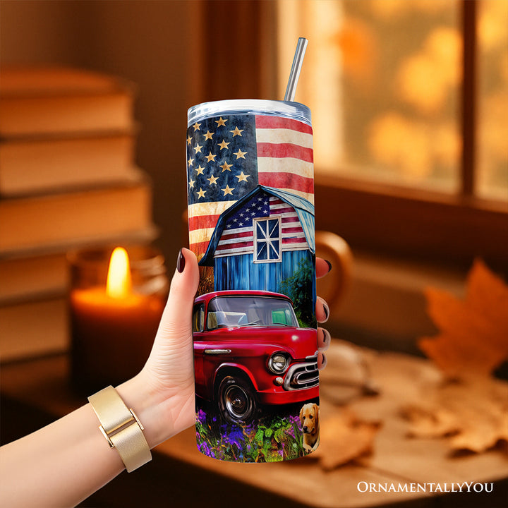 Rustic Old Red Truck and Country Barn 20oz Personalized Tumbler With Lid and Stainless Steel Straw, American Homeland Gift Cup