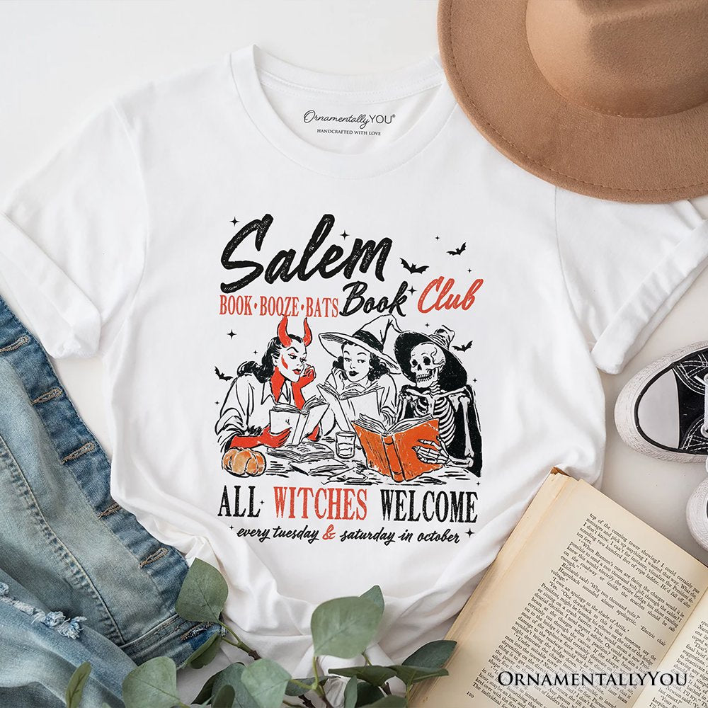 Salem Book Club Witches T-Shirt, Spooky Halloween Reading Girl Tee T-Shirts OrnamentallyYou White XS 
