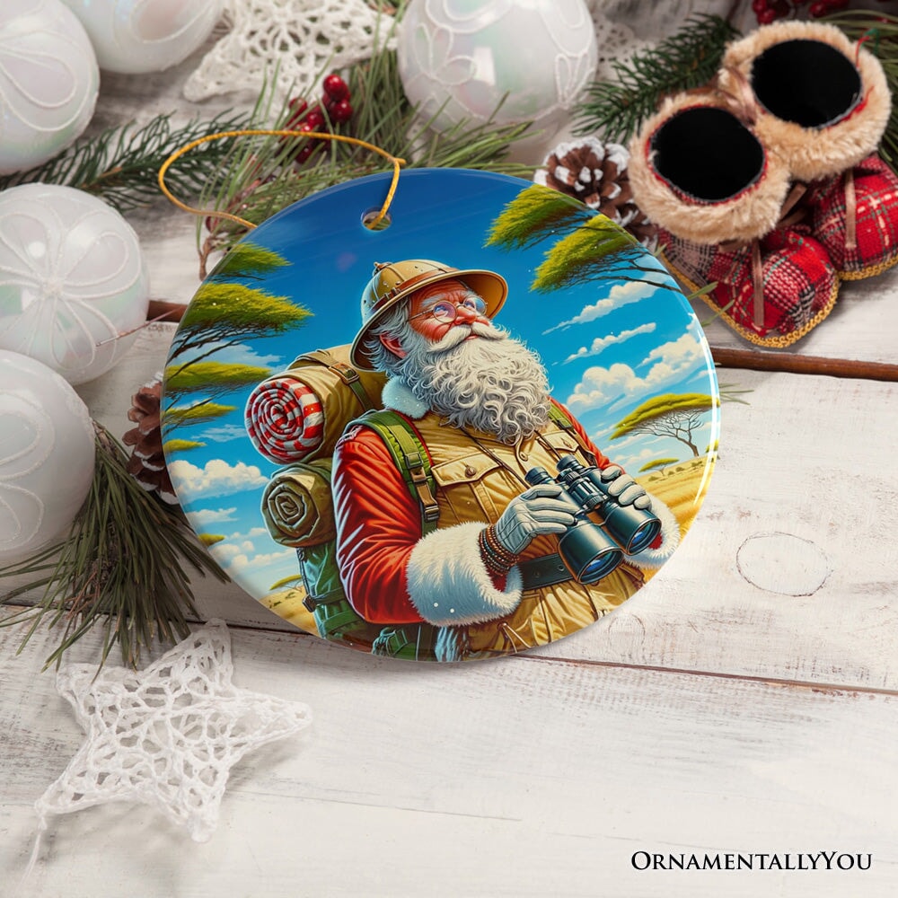 Santa Claus on a Safari Adventure Ornament, Christmas Gift and Decor for Explorers Ceramic Ornament OrnamentallyYou 