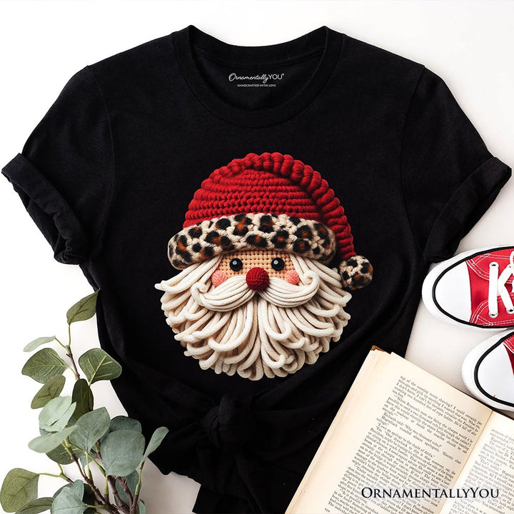 Santa Leopard Hat Christmas T-Shirt, Imitation Latch Hook Yarn Cozy Tee T-Shirts OrnamentallyYou Black XS 