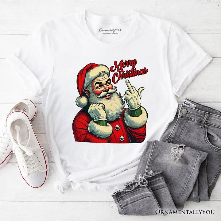 Santa Middle Finger Christmas T-Shirt, Vintage Funny Tee for Naughty Holiday Humor T-Shirts OrnamentallyYou White XS 