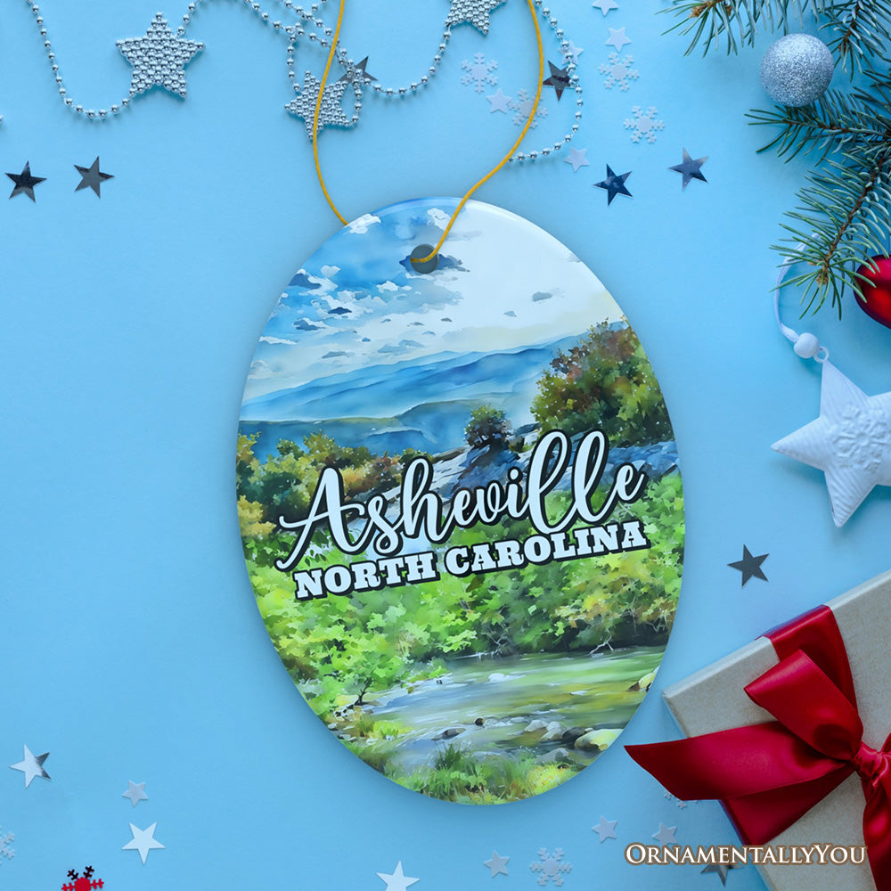 Scenic Asheville Mountain Town Ceramic Ornament, Nature and Historic North Carolina Christmas Gift and Tree Decor