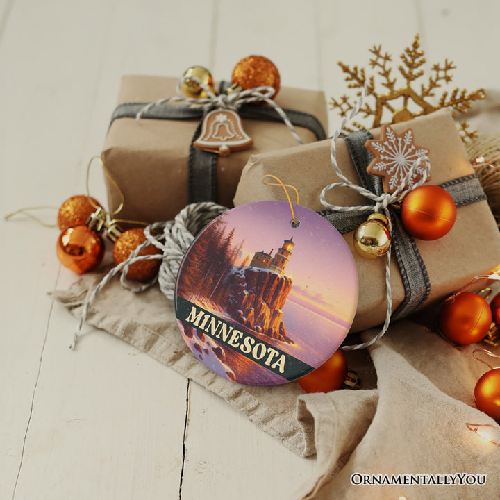 Scenic Minnesota Split Rock Lighthouse Ornament, Lake Superior Landmark Christmas Gift and Tree Decor