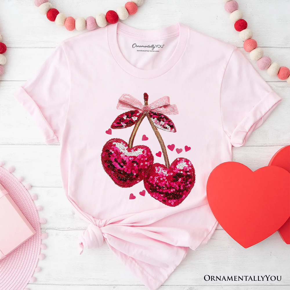 Sequin Pink Cherry Heart Valentine T-Shirt, Mood for Love Coquette Tee