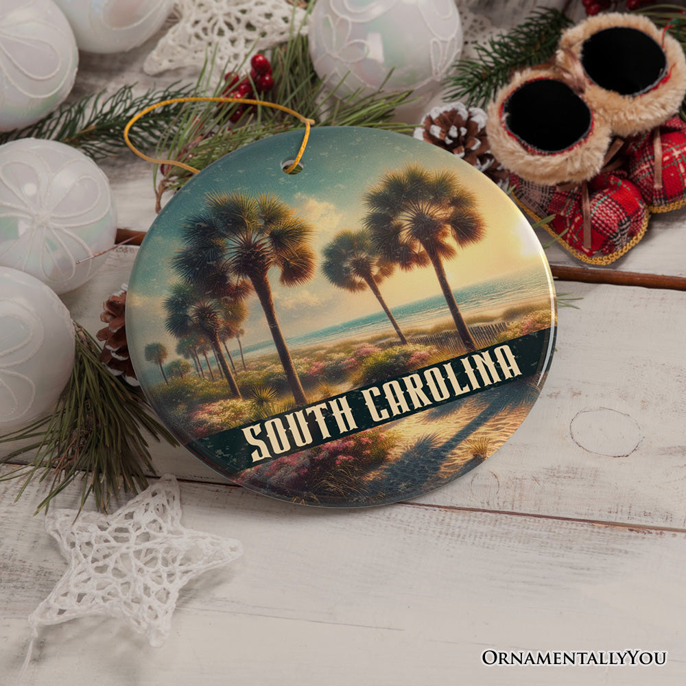 Serene South Carolina Palmetto Beach Scene Ornament, Coastal Christmas Gift and Tropical Keepsake