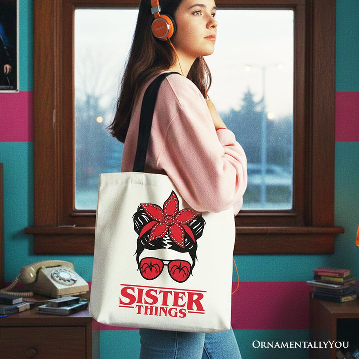 Sister Things Messy Bun Retro Canvas Tote Bag, Red Bandana Glasses Family Matching Gift Shopper Tote Bag OrnamentallyYou 