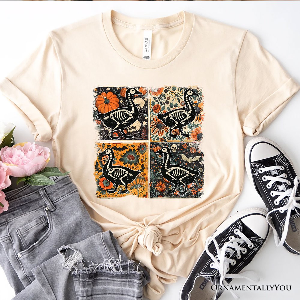 Skeleton Goose Patchwork T-Shirt, Floral Halloween Tee for The Spooky Season T-Shirts OrnamentallyYou Natural XS 
