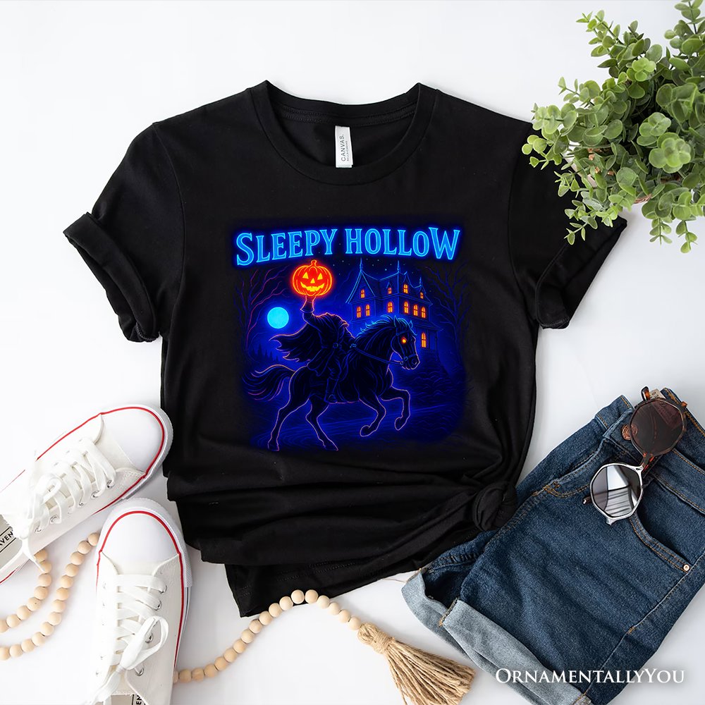 Sleepy Hollow Headless Horseman T-Shirt, Neon Retro Halloween Tee for Spooky Season T-Shirts OrnamentallyYou Black XS 