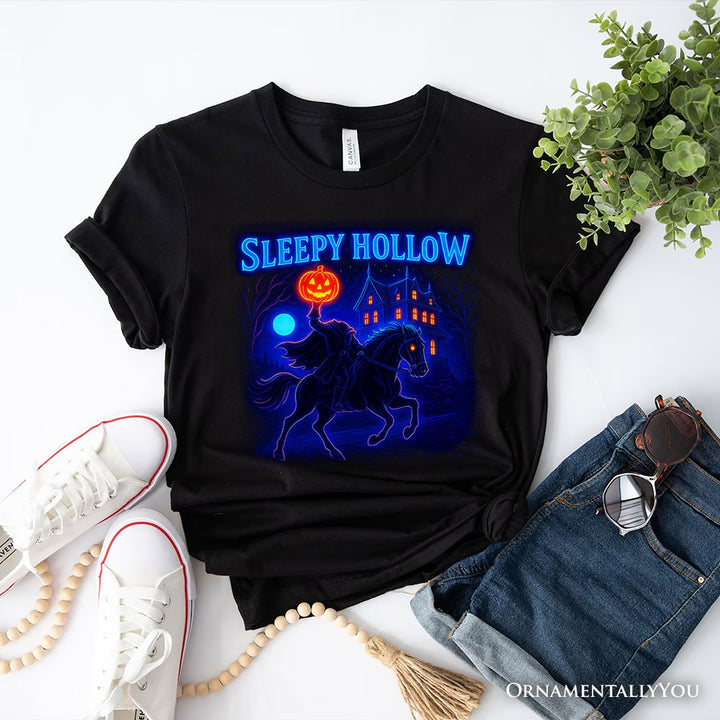 Sleepy Hollow Headless Horseman T-Shirt, Neon Retro Halloween Tee for Spooky Season T-Shirts OrnamentallyYou Black XS 