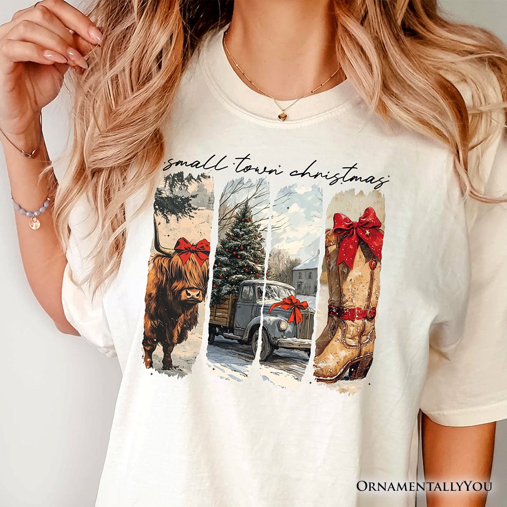 Small Town Christmas T‑Shirt, Highland Cow Rustic Western Cowgirl Holiday Tee T-Shirts OrnamentallyYou 