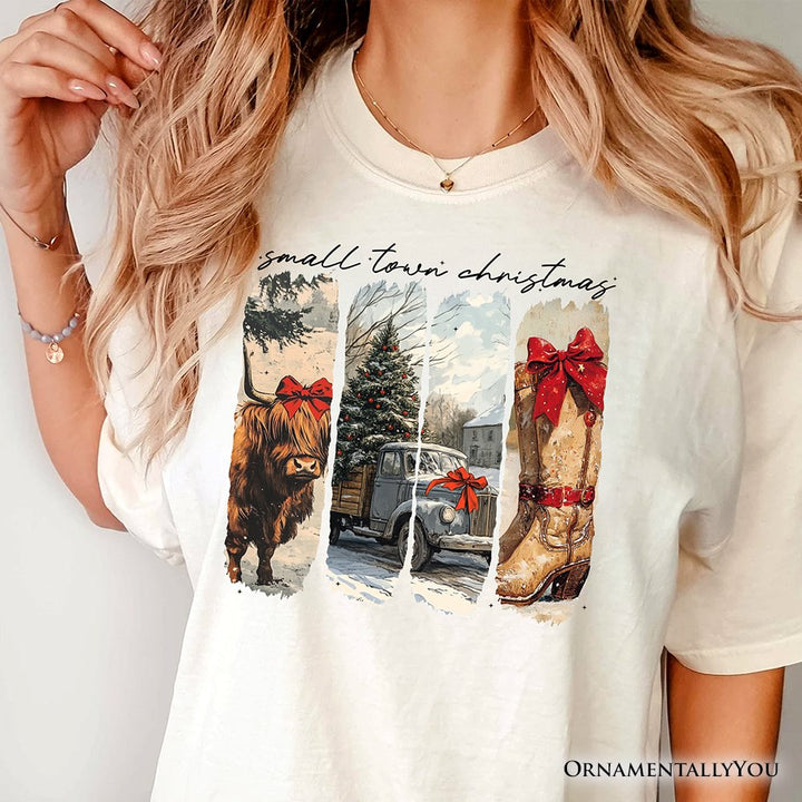 Small Town Christmas T‑Shirt, Highland Cow Rustic Western Cowgirl Holiday Tee T-Shirts OrnamentallyYou 