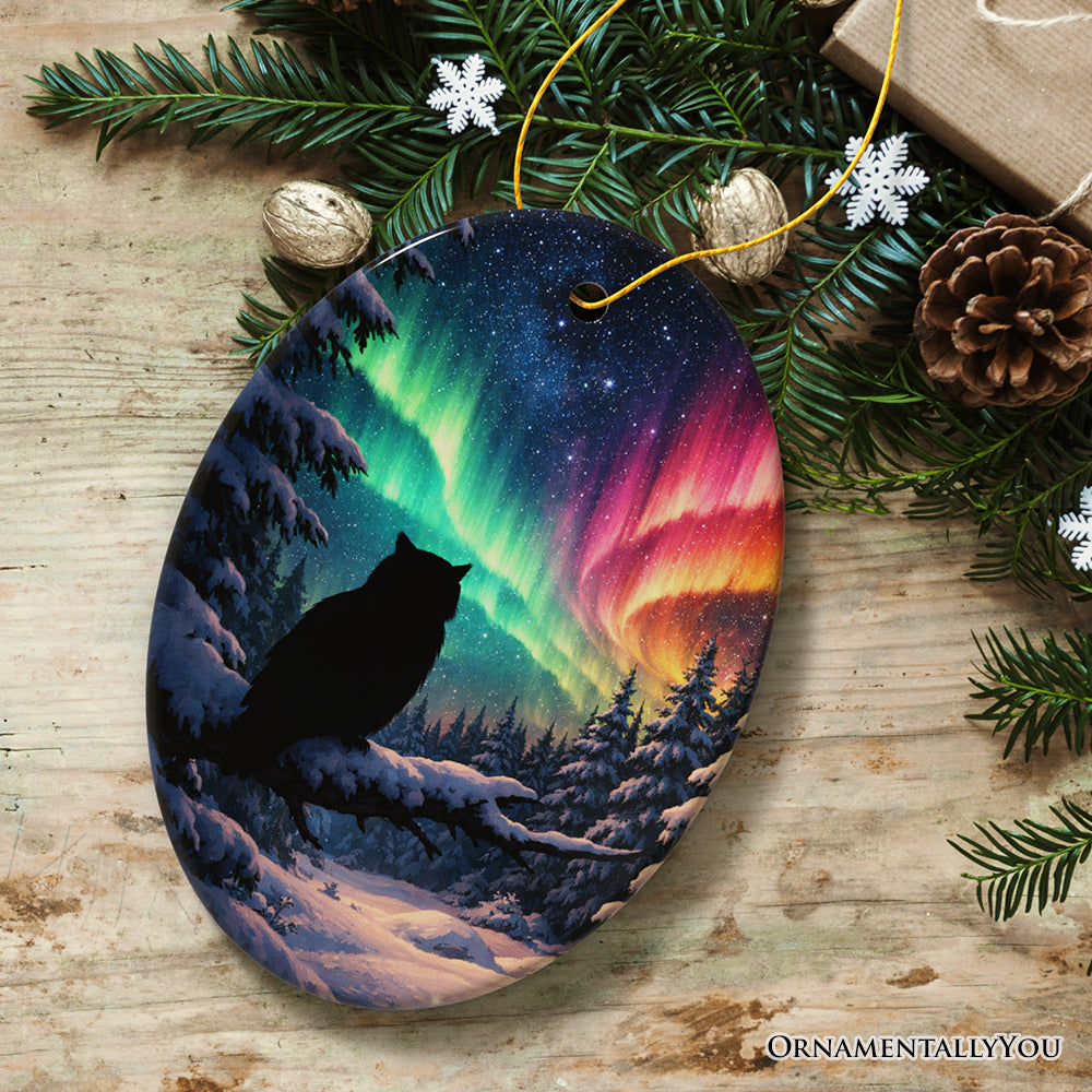 Snowy Aurora White Owl Ceramic Ornament, Northern Lights Mystic Bird Gift and Tree Decor