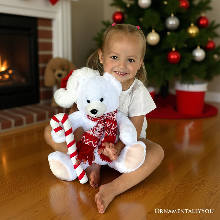 Snowy the Polar Bear Plushie, Cute Kids’ 12" Christmas Stuffed Toy, Santa Hat and Candy Cane Plush Toys OrnamentallyYou 