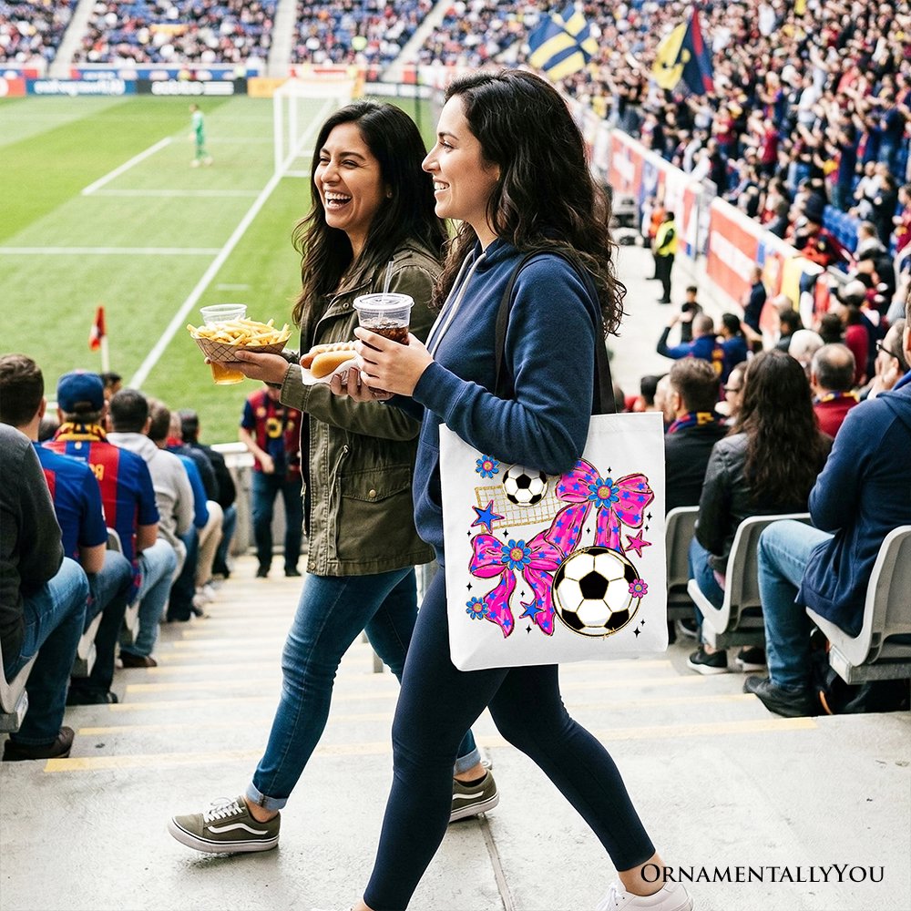 Soccer Coquette Pink Bow Tote Bag, Preppy Game Day Gift Shopper Tote Bag OrnamentallyYou 