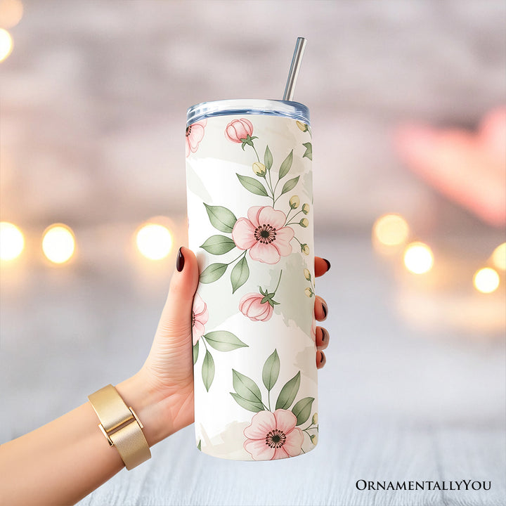 Soft Pink Wildflower 20oz Personalized Tumbler With Lid and Stainless Steel Straw, Elegant Floral Pattern Gift Cup