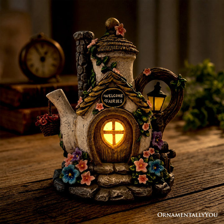Solar Fairy Tea Pot House Garden Statue, 8" Lighted Mushroom Cottage Figurine Outdoor Decor Resin Statues OrnamentallyYou 