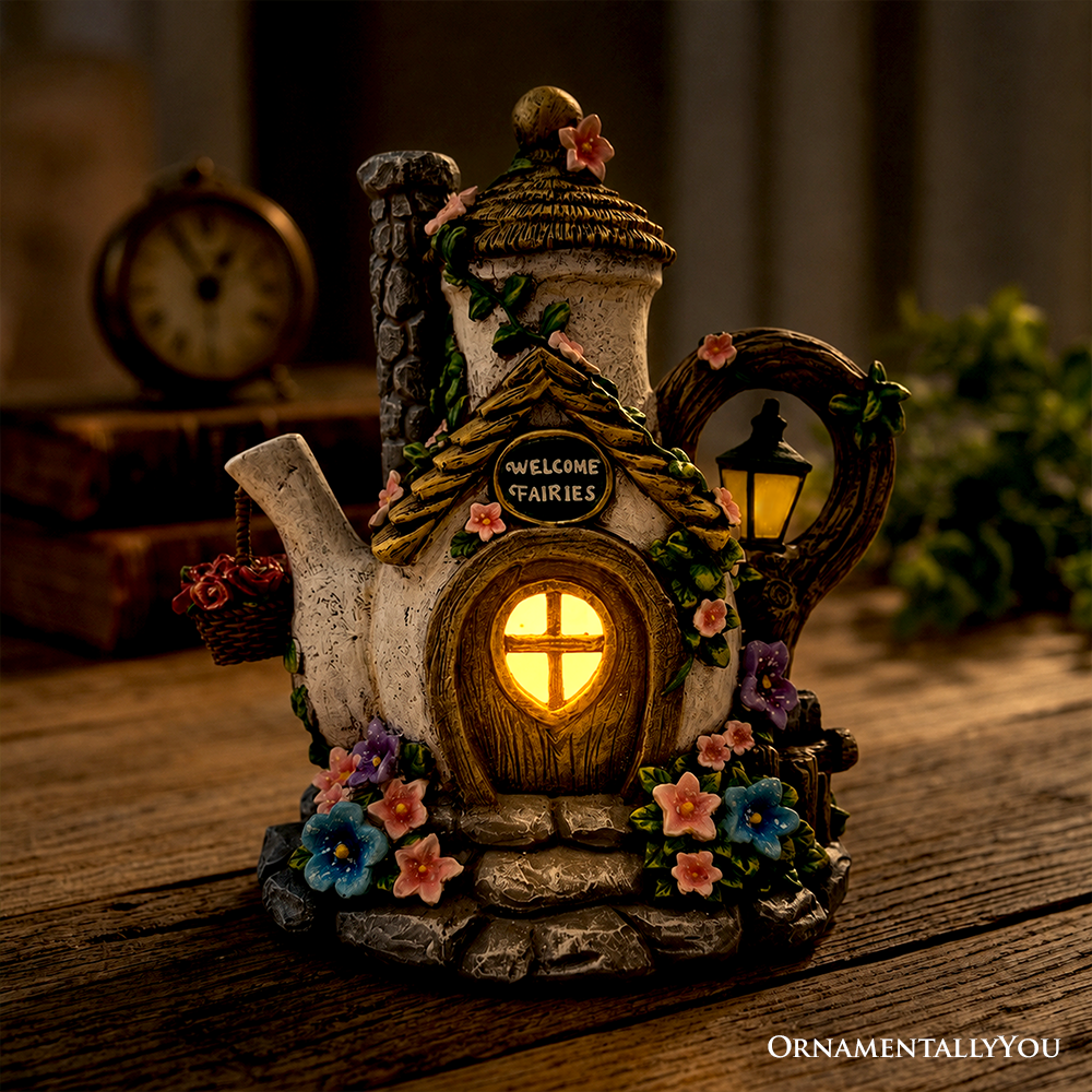 Solar Fairy Tea Pot House Garden Statue, 8 Lighted Mushroom Cottage Figurine Outdoor Decor