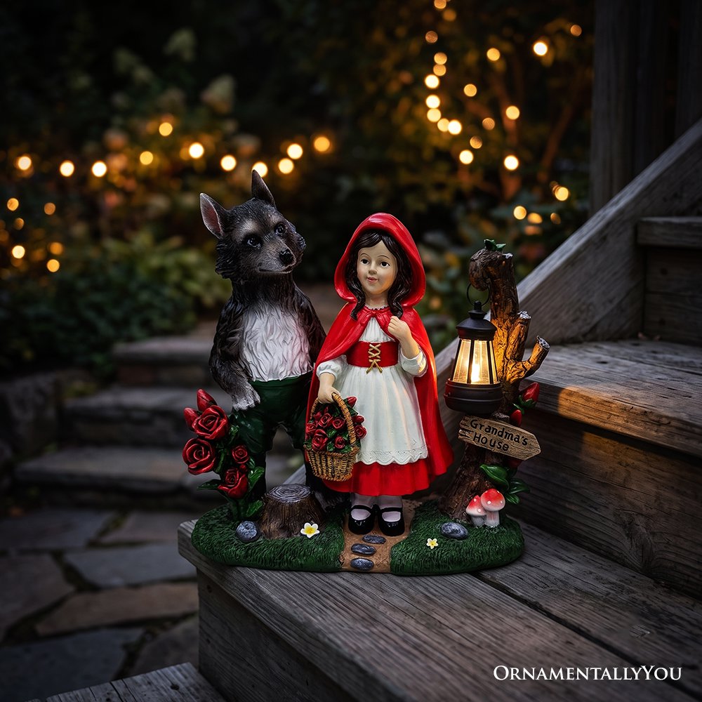 Solar Powered Little Red Riding Hood Garden Statue, 12" Lighted Fairy Tale Figurine Outdoor Decor Resin Statues OrnamentallyYou 