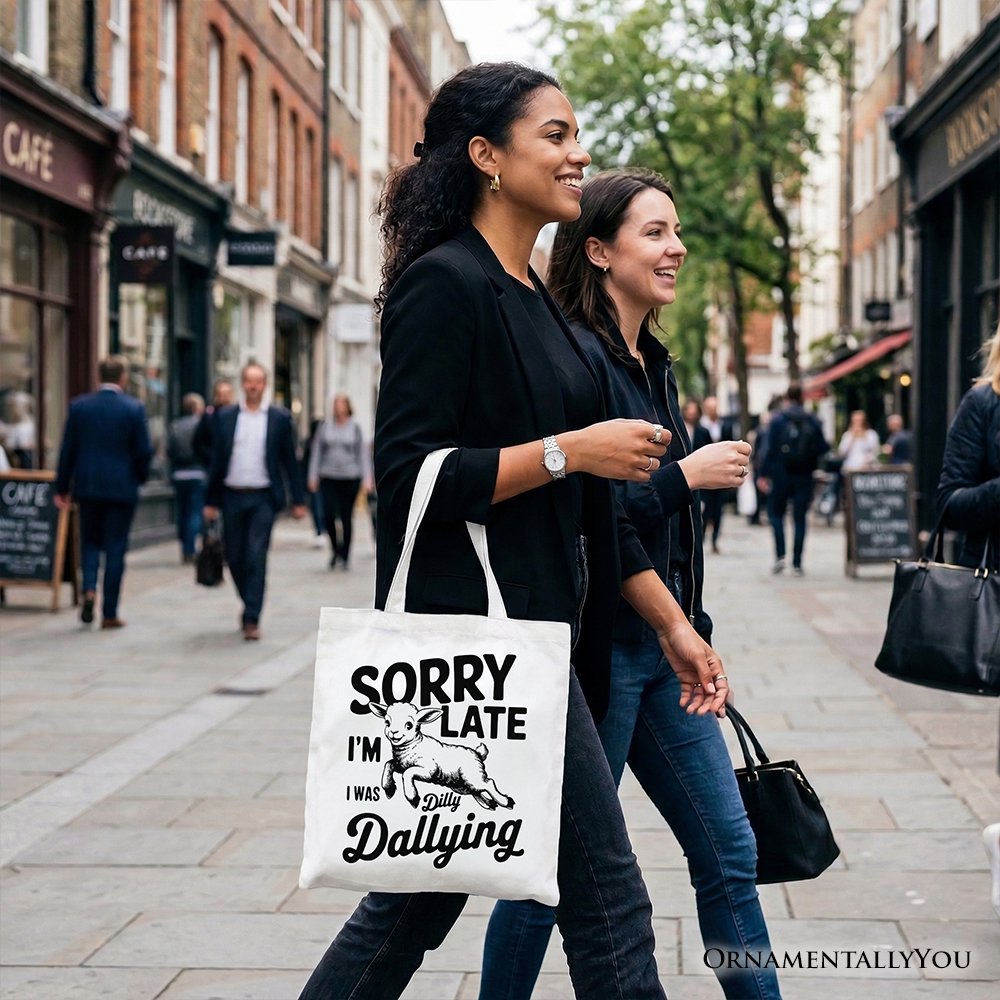 Sorry I'm Late Funny Lamb Tote Bag, Retro Dilly Dallying Gift Shopper for Quirky Women Tote Bag OrnamentallyYou 